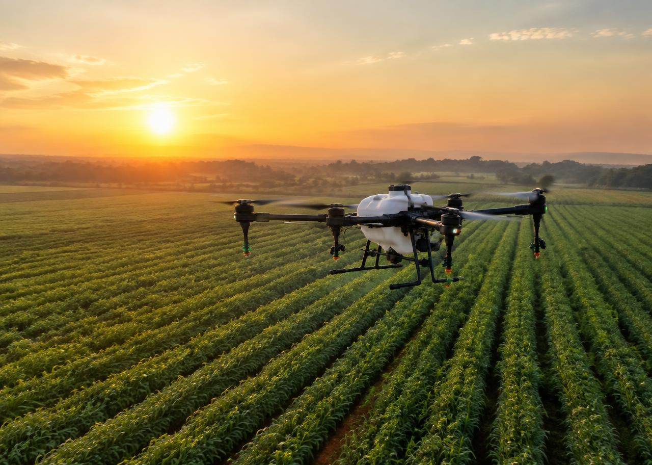 Drone surveying crop rows from above