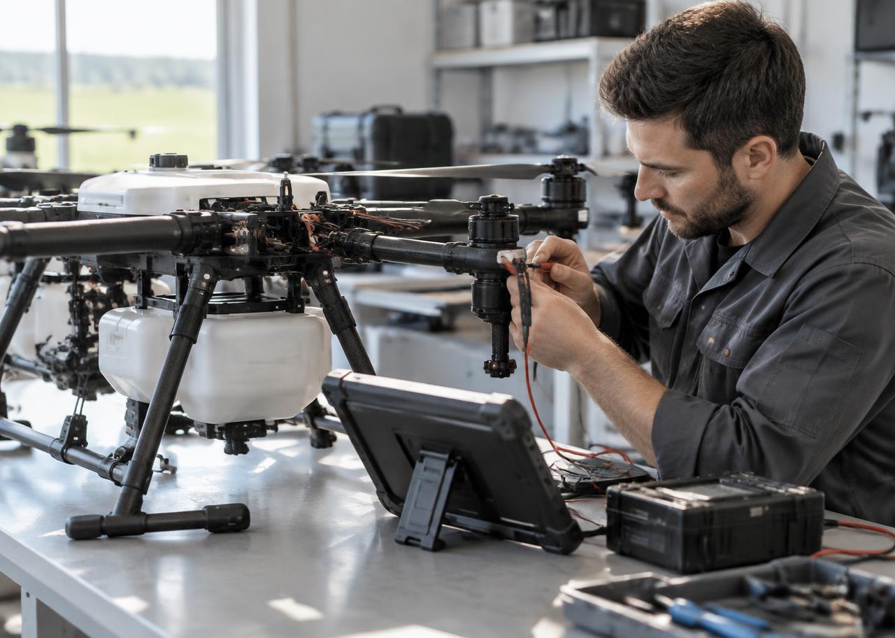 Technician repairing a professional drone in a workshop