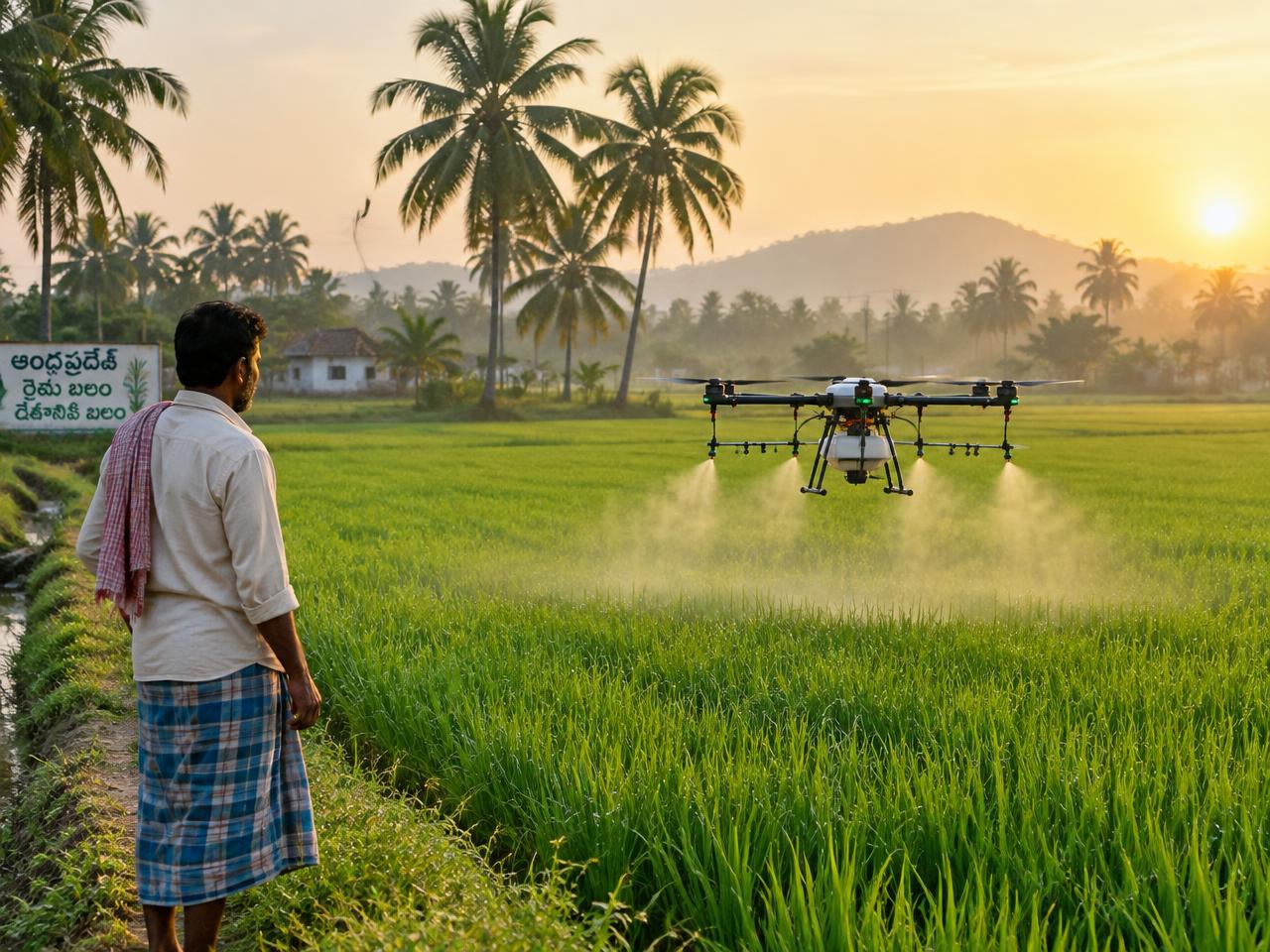 Spraying drone over a paddy field with a farmer watching