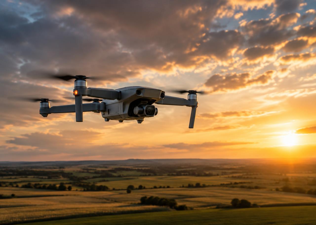 Professional camera drone hovering above open farmland at sunset